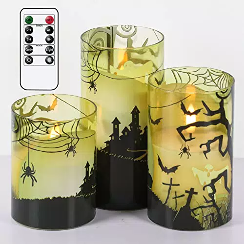 Eldnacele Halloween grün Glas flammenlose Kerzen mit Fernbedienung Timer