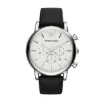 Emporio Armani Herrenuhr, QuarzChronographenwerk, 46mm Silber / Stahl Edelstahlgehäuse mit einem Lederarmband