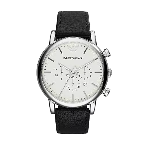 Emporio Armani Herrenuhr, QuarzChronographenwerk, 46mm Silber / Stahl Edelstahlgehäuse mit einem Lederarmband