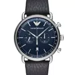 Emporio Armani Uhr für Herren, Chronographenwerk, 43mm Silbernes Edelstahlgehäuse mit Lederarmband