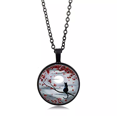 EXFEA Rotes Blatt Mond Katze Zeit Juwel Halskette Anhänger Glas Cabochon Charme Kreative Pullover Kette Accessoires Schmuck Choker Mode Schlüsselbein Kette Geschenke