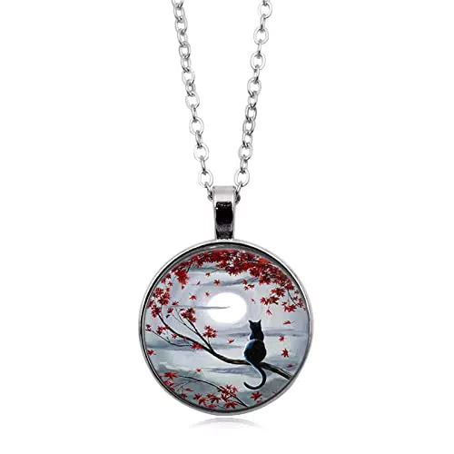 EXFEA Rotes Blatt Mond Katze Zeit Juwel Halskette Anhänger Glas Cabochon Charme Kreative Pullover Kette Zubehör Schmuck Choker Mode Schlüsselbein Kette Geschenke