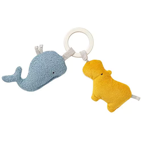 Fehn 056082 Greifling Nilpferd & Wal NATUR Greifling mit Holzring & Stoff-Tieren mit Bio-Baumwolle aus kontrolliertem Anbau fördert gezielt Greifen & Motorik treuer Begleiter für Babys ab Geburt