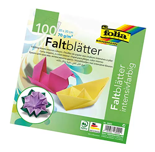 folia 8920 - Faltblätter 20 x 20 cm, 70 g/qm, 100 Blatt sortiert in 10 intensiven Farben - ideal zum Papierfalten und für andere kreative Bastelarbeiten