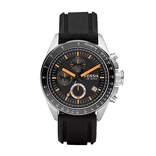Fossil Herrenuhr Decker, QuarzChronographenwerk, 44 mm silbernes Edelstahlgehäuse mit Silikonarmband