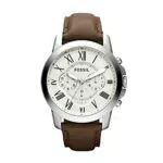 Fossil Herrenuhr Grant, QuarzChronographenwerk, 44mm Silbernes Edelstahlgehäuse mit Echtlederarmband