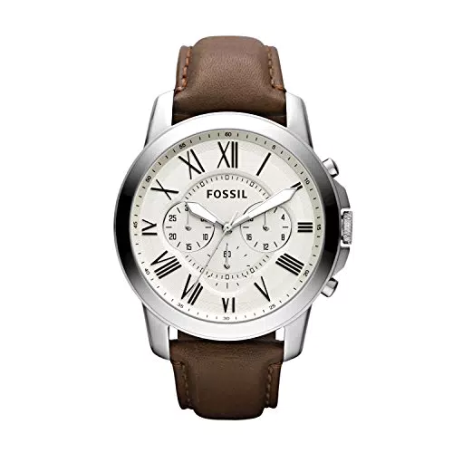 Fossil Herrenuhr Grant, QuarzChronographenwerk, 44mm Silbernes Edelstahlgehäuse mit Echtlederarmband