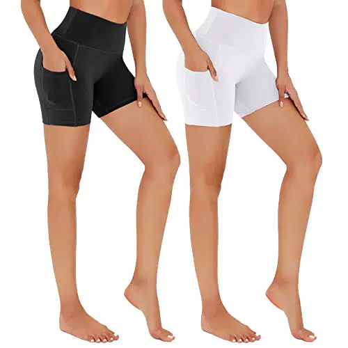 Fotociti 2er Pack Kurze Sporthose Damen mit Tasche High Waist Radlerhose Elastisch Shorts Sommer Boxershorts Unterhosen für Yoga Outdoor Zuhause