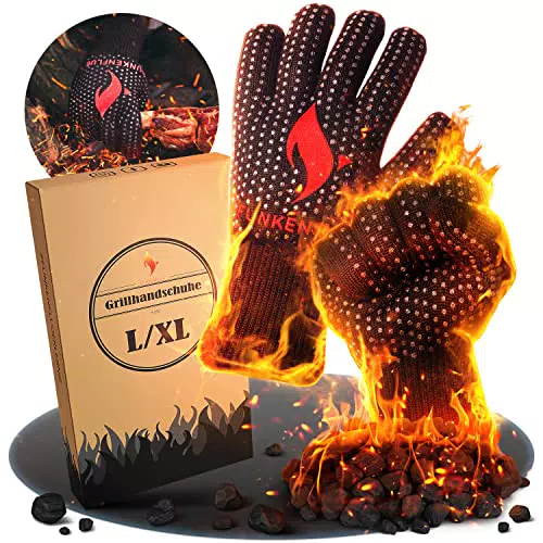 Funkenflug Premium Grillhandschuhe hitzebeständig, 3 bequeme Größen - Lange feuerfeste Handschuhe für ein einzigartiges Grillerlebnis - inkl. Geschenkverpackung und Rezepte E-Book