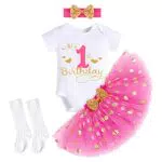 FYMNSI Baby Mädchen Mein 1. Erster Geburtstag Party Outfit Baumwolle Kurzarm Body Strampler Prinzessin Gepunktet Tütü Rock Pailletten Schleife Stirnband Socken 4tlg Bekleidungsset Rose 1 Jahr