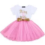 FYMNSI Baby Säugling Mädchen Es ist Mein 1. / 2. Geburtstag Party Kleid Outfit Kurzarm Tütü Tüll Prinzessin Geburtstagskleid mit Pailletten Schleife Stirnband Fotoshooting Babykleidung Set Rosa
