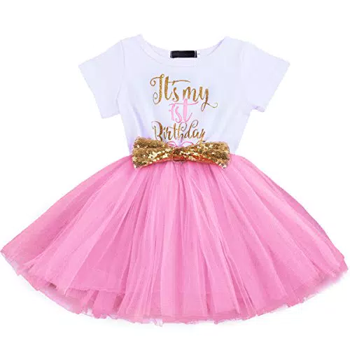 FYMNSI Baby Säugling Mädchen Es ist Mein 1. / 2. Geburtstag Party Kleid Outfit Kurzarm Tütü Tüll Prinzessin Geburtstagskleid mit Pailletten Schleife Stirnband Fotoshooting Babykleidung Set Rosa