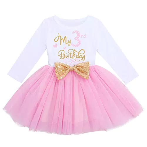 FYMNSI Kleinkinder Mädchen Mein 3. Geburtstag Kleid Baumwolle Langarm Tutu Tüllkleid Pailletten Schleife A-Linie Prinzessin Partykleid Fotoshooting Outfit Kostüm Rosa - Mein 3. Geburtstag 3 Jahre