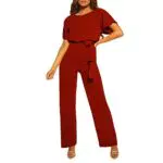 GOTOTOP Damen O-Ausschnitt Kurzarm Lang Jumpsuit Elegant Weite Bein Overall Romper Playsuit Hosenanzug mit Gürtel