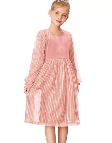 GRACE KARIN Kleider für Mädchen Kleider Kinder Langarm Prinzessin Festliches Herbstkleid Winterkleid Weihnachtskleid für Mädchen Ballkleid Partykleid Pailletten Samtkleid Rosa 128/134