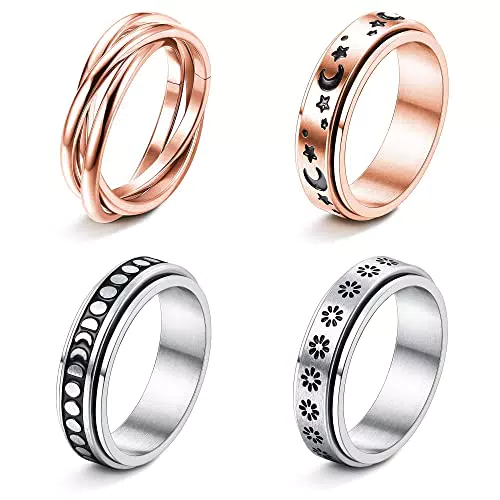 Kakonia 4 Stücke Spinner Ringe für Männer Frauen Teen Edelstahl Angst Ringe Cool Mood Star Blume Fidget Band Ringe Stressabbau Hochzeit Versprechen Band Ringe