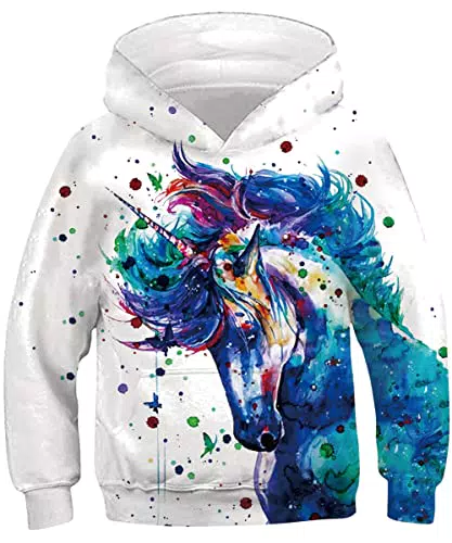kids4ever Unisex 3D Tintenpferd Hoodies Kinder Realistische Druck Kapuzenpullover Herbst Winter Pullover Pulli Sweatshirts Hoody für Jungen Mädchen Teen Alter 12-13
