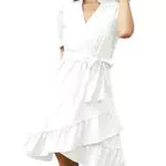 KOJOOIN Damen Sommerkleid Kurzarm Wickelkleid Casual V-Ausschnitt Tunika Kleid mit Gürtel Hohe Taille Kurze Gerafftes Mini Freizetikleid Weiß Kurzarm L