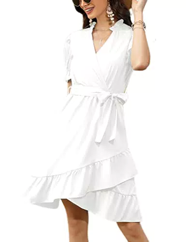 KOJOOIN Damen Sommerkleid Kurzarm Wickelkleid Casual V-Ausschnitt Tunika Kleid mit Gürtel Hohe Taille Kurze Gerafftes Mini Freizetikleid Weiß Kurzarm L