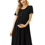 KOJOOIN Damen Umstandskleid Baumwolle Kurzarm Stillkleid Casual Schwangerschafts Kleider für Schwangere Schwarz L