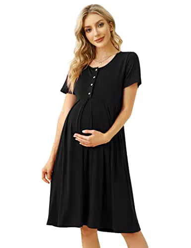 KOJOOIN Damen Umstandskleid Baumwolle Kurzarm Stillkleid Casual Schwangerschafts Kleider für Schwangere Schwarz L