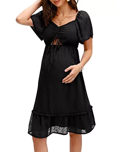 KOJOOIN Umstandskleid Sommer Damen Elegant Schwangerschaftskleid Kurzarm Casual Umstandskleider mit Schweizer Pünktchen Schwaz XXL