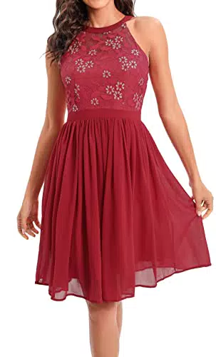 Laorchid cocktailkleid festlich Kleid brautjunfernkleid Hochzeit schulterfrei Kleid Abendkleid a Linie Damen Neckholder elegant Spitzen Sommerkleid Rot 40