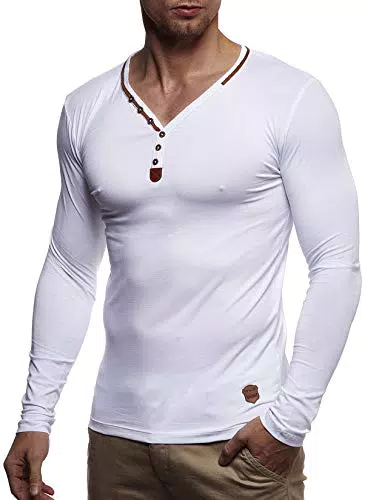 Leif Nelson Herren Longsleeve V-Ausschnitt Slim Fit Baumwolle-Anteil Basic Männer Sweatshirt Pulli weißes Langarmshirt V-Neck Pullover T-Shirt Langarm LN1470 Weiß Medium