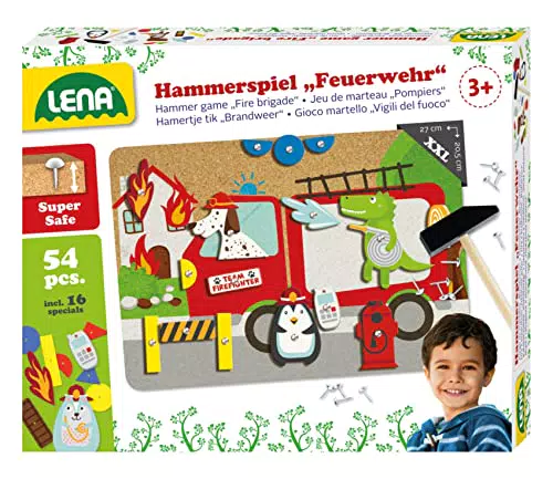 Lena 65836 - Hammerspiel Feuerwehr, Nagelspiel mit 38 farbigen Teilen & 16 Sonderteile