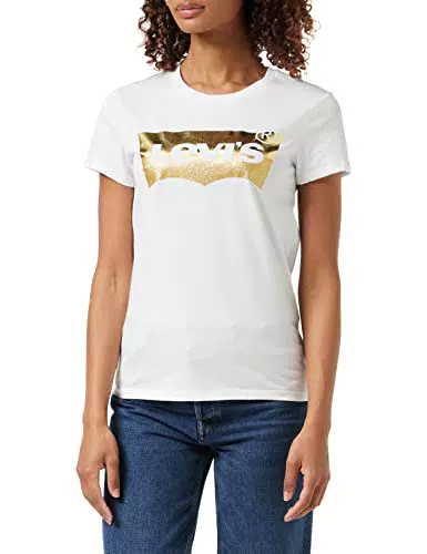 Levi's Damen The Perfect Tee T-Shirt, Logo Gold Powder Print White