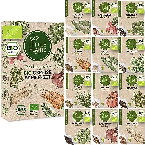Little Plants Gemüse Samen Set - 12 Sorten BIO Samen Gemüse - 100% natürlich & extra viele Gemüsesamen - Saatgut Gemüse - Hochbeet Zubehör - Sämereien Saatgut Set Gurke Karotte Salat & mehr