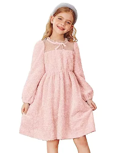Mädchen Festlich Langärmliges Rundhals Abendkleider Solid Farbe A-Linien Knielang Pelziges Partykleid für Party Weihnachten Rosa 8-10 Jahre