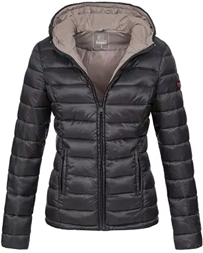 MARIKOO Damen Übergangsjacke leichte Steppjacke kurz mit Kapuze Lucy Schwarz Gr. XXL