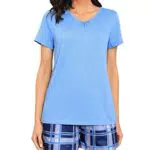 Marvmys Schlafanzug Damen Kurz aus Baumwolle Sommer Pyjama Zweiteilig Nachtwäsche Pjs Sets Hausanzug Einfarbige Pyjama Oberteile Mit V-Ausschnitt Karierte Pyjamashorts A-Himmelblau-Karierte Hose M