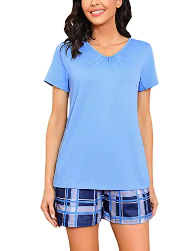 Marvmys Schlafanzug Damen Kurz aus Baumwolle Sommer Pyjama Zweiteilig Nachtwäsche Pjs Sets Hausanzug Einfarbige Pyjama Oberteile Mit V-Ausschnitt Karierte Pyjamashorts A-Himmelblau-Karierte Hose M