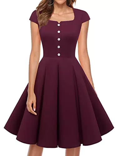 MuaDress 1961 1950er Vintage Retro Cocktailkleid Rockabilly Knielang Damen A-Line Kleid Burgundy M