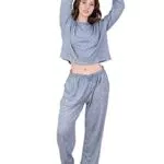 OCCIENTEC Pyjama Damen Zweiteilige Schlafanzug Damen Langarm Oberteil und Lang Hose Pyjama Set Loungewear mit Taschen für Freizeit（Grau Blau M）