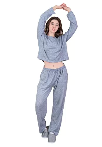 OCCIENTEC Pyjama Damen Zweiteilige Schlafanzug Damen Langarm Oberteil und Lang Hose Pyjama Set Loungewear mit Taschen für Freizeit（Grau Blau M）