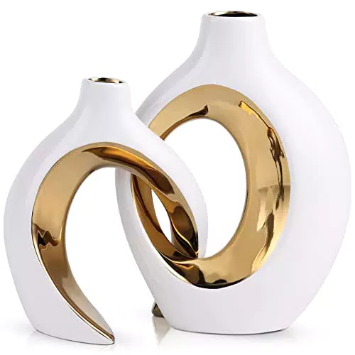 Orenm Weiß Gold Hohle Keramik Vase 2er Set Minimalistisches Modernes Home Decor Abstrakte Runde Vase Bücherregal Dekor Mittelstück für Home Table