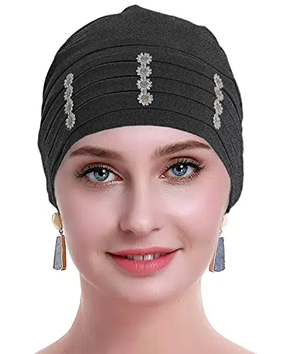 osvyo Chemo Kopfbedeckung Bambus für Damen, Chemo Kopftuch Turban für Frauen mit Blumenmotiv-Kopfbedeckung Mütze Kappen Dunkles FLECKENGRAU