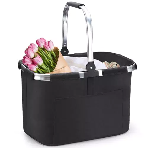 Pynhoklm Einkaufskorb 30L Faltbar Picknickkorb Klappkorb Einkaufstasche mit Aluminiumgriff Stabiler große Einkaufskörbe Carrybag für Arbeit/Reisen/Einkaufen