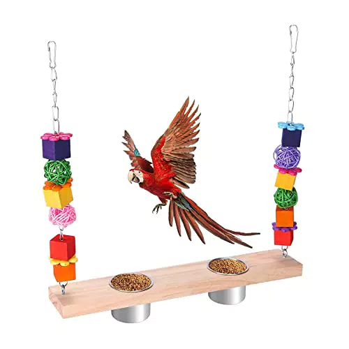 QIODAZOO Vögel Schaukel mit Vögel Näpfe, Vogel Schaukel Natürlichem Holz