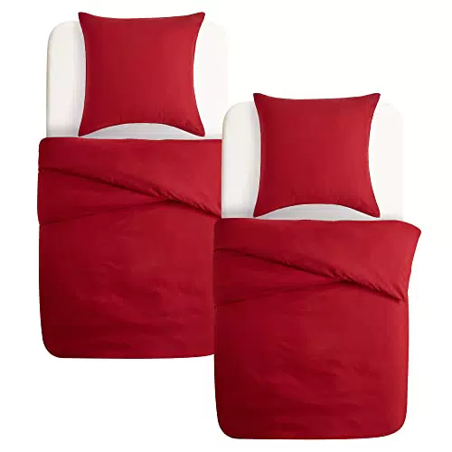 QSTEHEML Rot Bettbezug 135×200, 4 Stück 100% Gewaschene Mikrofaser weiche Feste Farbe Winter Bettwäsche-Set mit Eckbindungen und Reißverschluss
