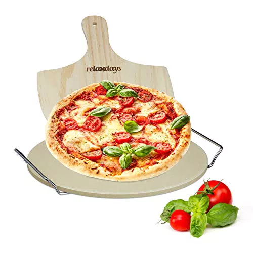 Relaxdays Pizzastein Set 1 cm Stärke mit Metallhalter und Pizzaschieber aus Holz HBT 4 x 32 x 32 cm runder Brotbackstein für Pizza und Flammkuchen mit Pizzaschaufel für Pizzaofen