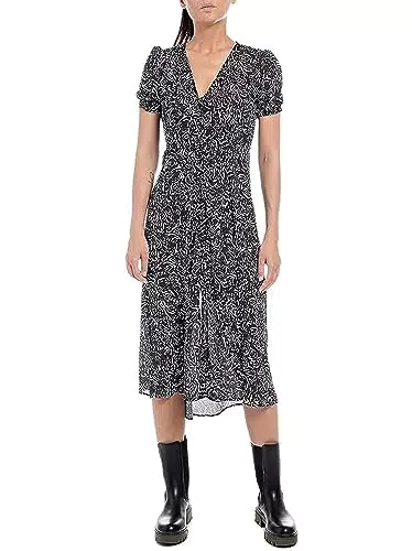 Replay Damen W9609 Kleid, 010 White/Black, XS