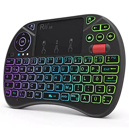 Rii Mini Tastatur mit Touchpad, Smart TV Tastatur, Kabellos Tastatur mit 8 Farbige Hintergrundbeleuchtung und Scrollrad (Deutsches