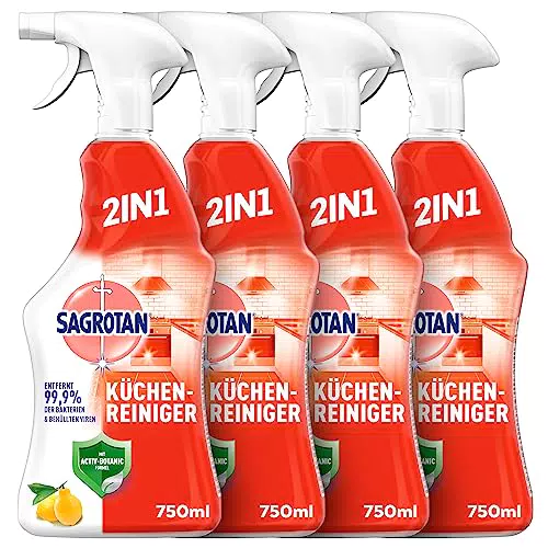Sagrotan Küchen-Allzweck-Reiniger Spritzige Zitrone 2in1 Desinfektionsreiniger für die zuverlässige Reinigung von Küchenoberflächen 4 x 750 ml Sprühflasche