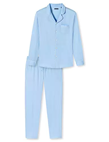 Schiesser Herren Pyjama Lang Pyjamaset, hellblau Piping