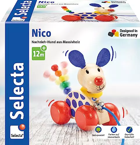 Selecta 62026 Nico, Nachzieh Hund, Schiebe-und Nachziehspielzeug