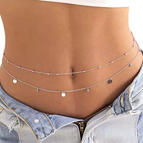 Sethain Boho Quaste Hüftkette Silber Türkis Bauchketten Geschichtet Korn Hüftkette Bikini-Kette Körperschmuck für Frauen und Mädchen
